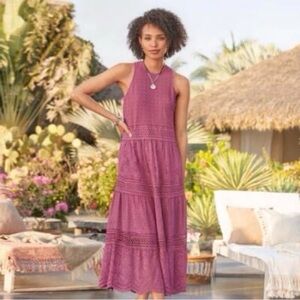 Sundance L “Dreamers Believe” Mulberry, pink embroidered eyelet lined maxi dress
